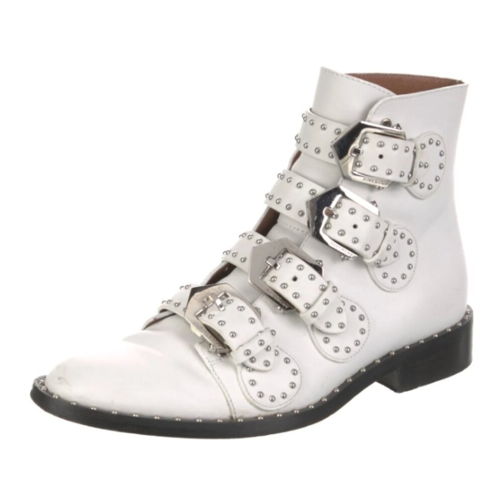 Givenchy Prue White Calfskin Studded Buckle Ankle Booties Size‎ 6.5 Western